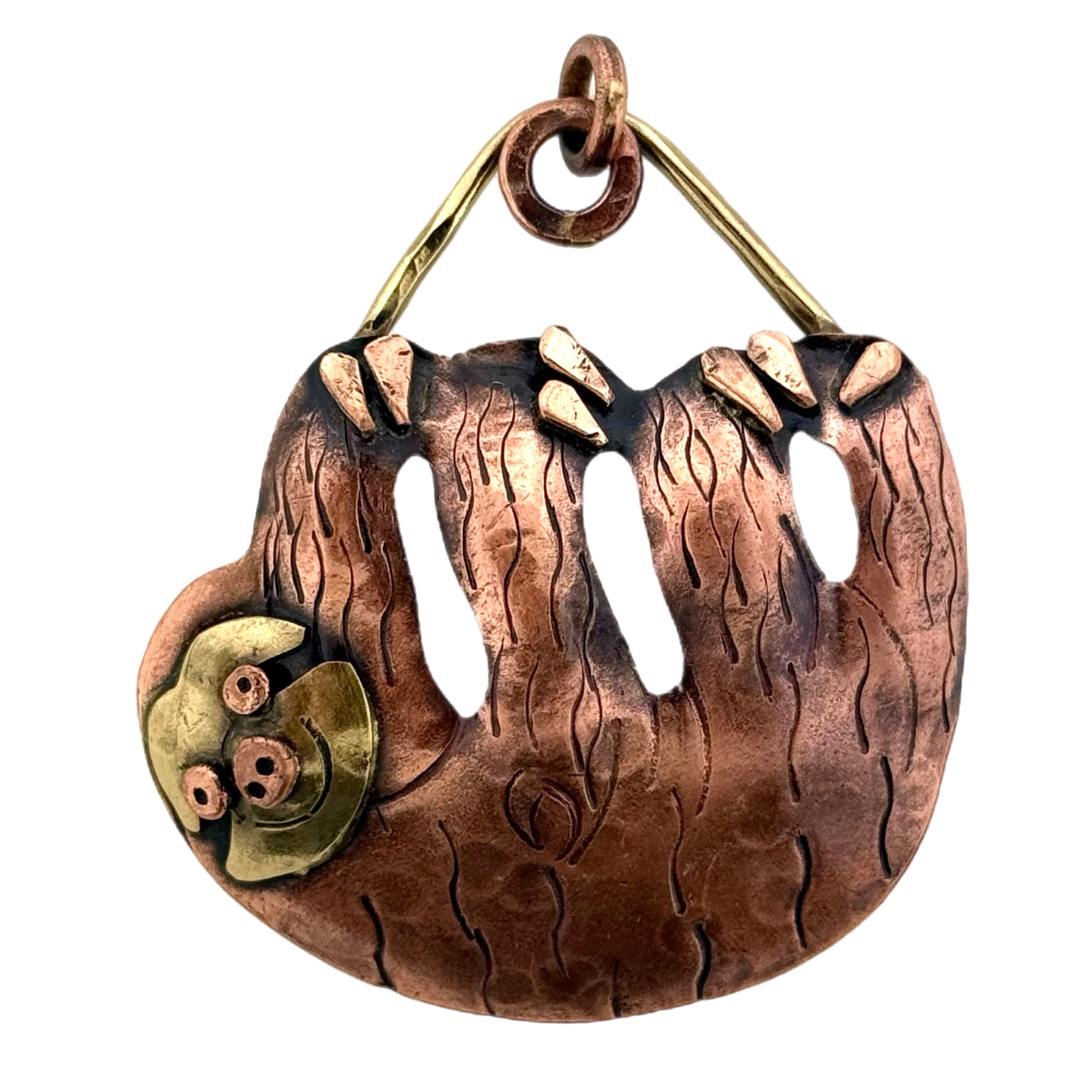 Artisan copper sloth pendant with brass face and claws