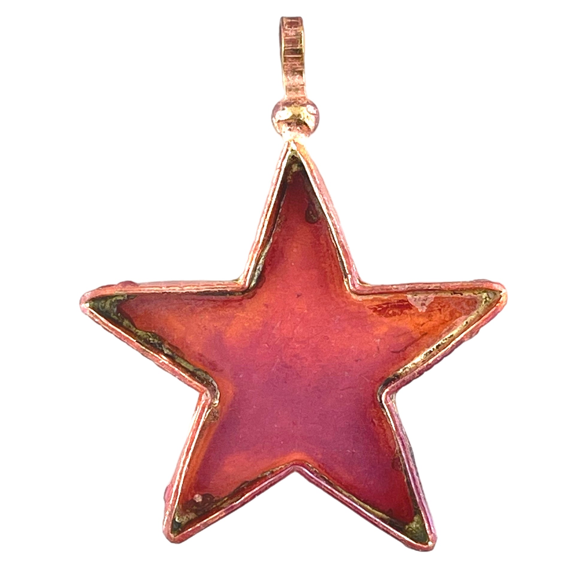 Handmade copper star bezel pendant with 5 mm depth, red-orange patina, and brass accents by Patricia Healey