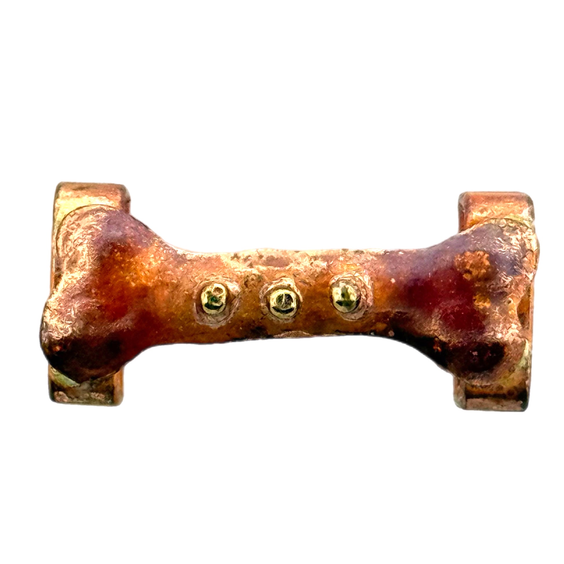Small copper and brass bone-shaped slider with red patina and triple dome detail for 10mm flat leather