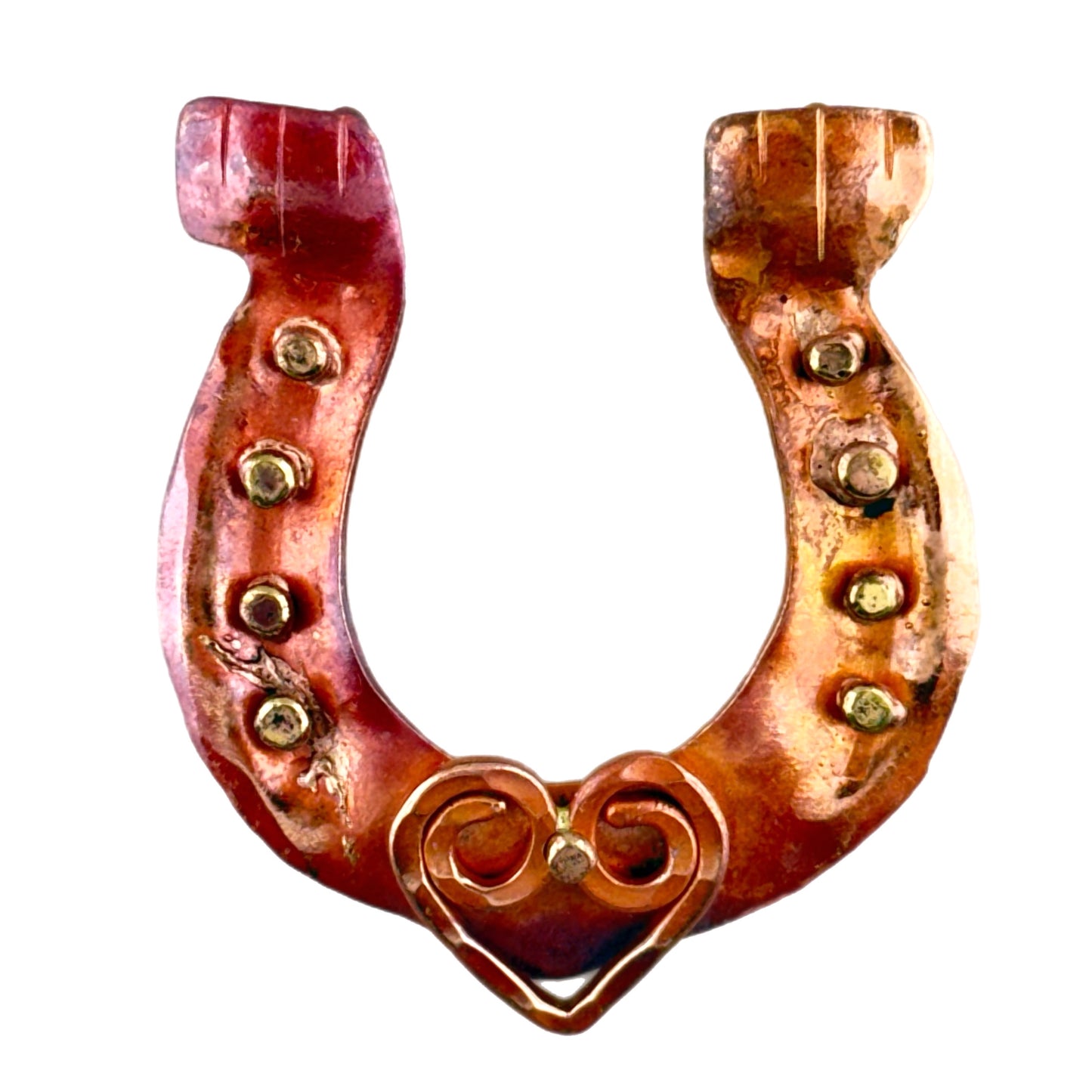 Copper and brass horseshoe pendant with heart detail and rustic finish