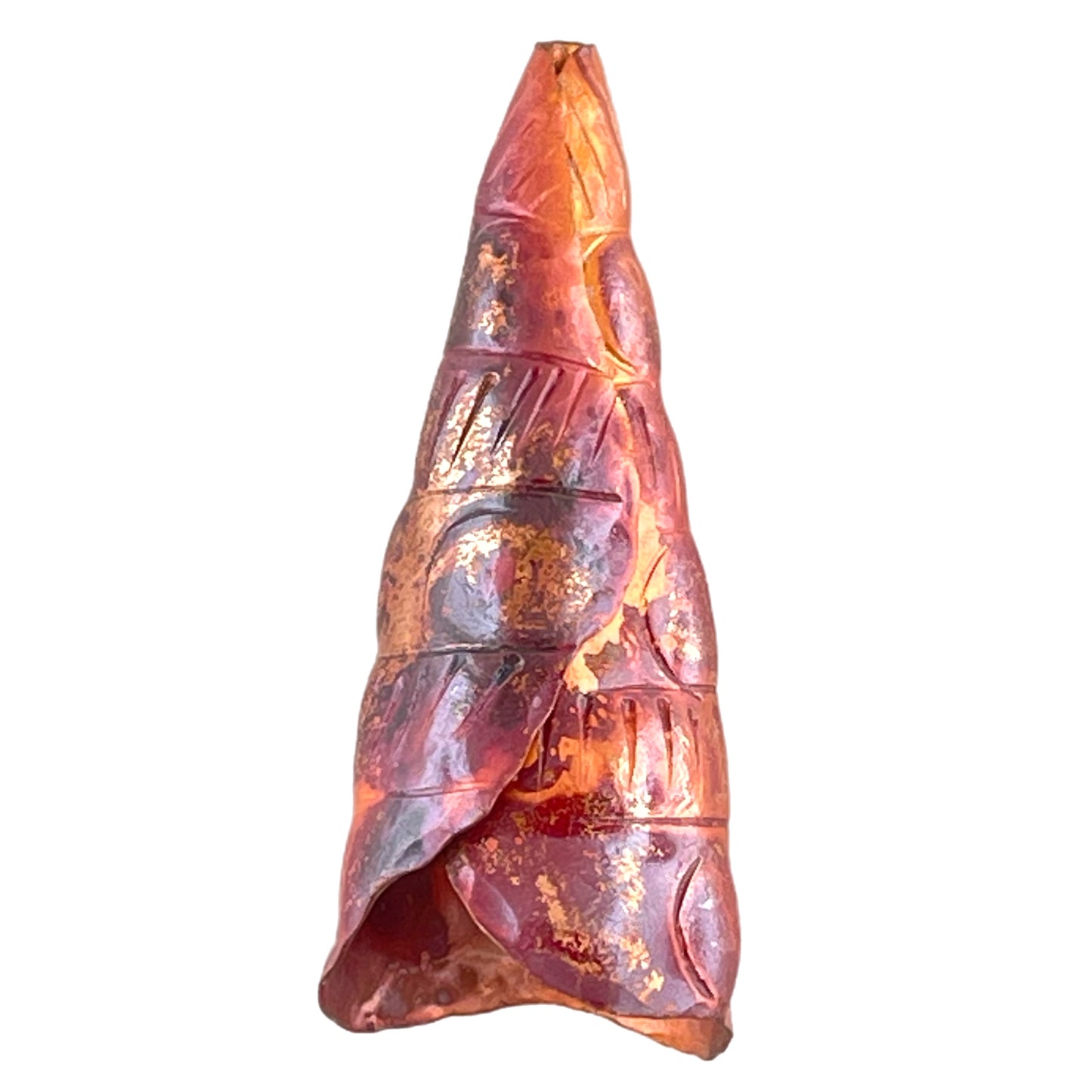 Large folded copper cone end with hand-stamped texture and flame-torched finish for jewelry making