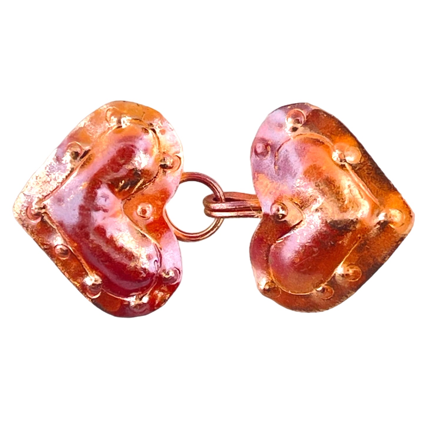 Handmade copper hook and eye clasp with rustic heart shapes and flame patina