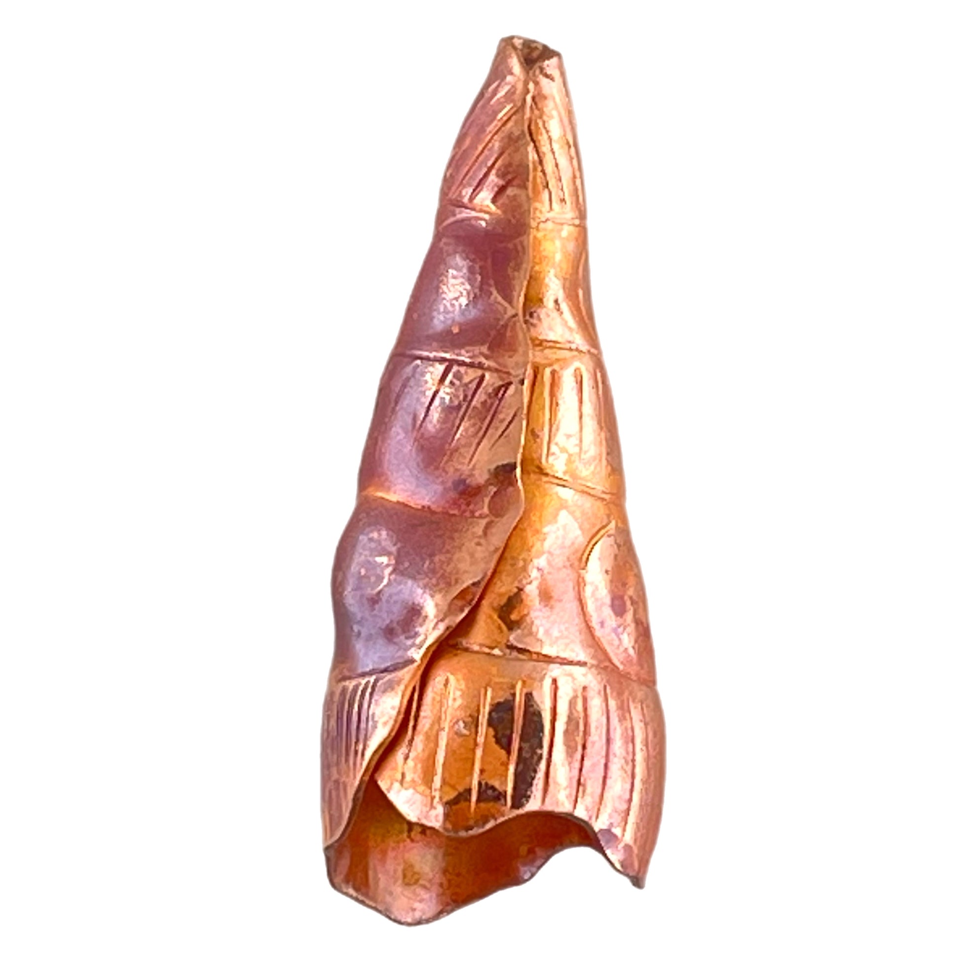 Medium folded copper cone end with hand-stamped texture and flame-torched finish for jewelry making