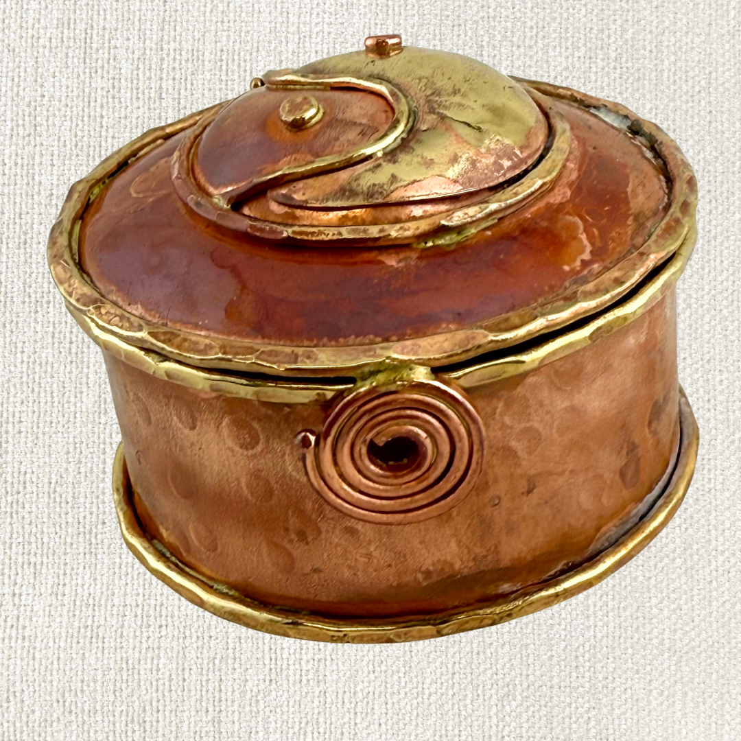 yin yang copper box with brass spiral latch and domed lid