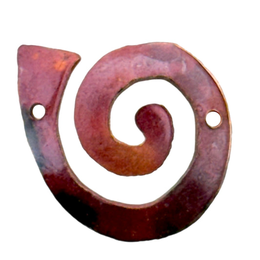 Handmade genuine copper spiral link charm facing left with hammered texture and two holes for jewelry making