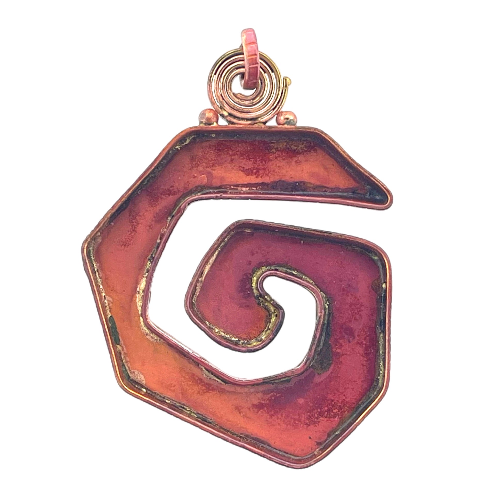 Large copper spiral bezel pendant with red patina and brass detail, designed for custom inlay or mixed media
