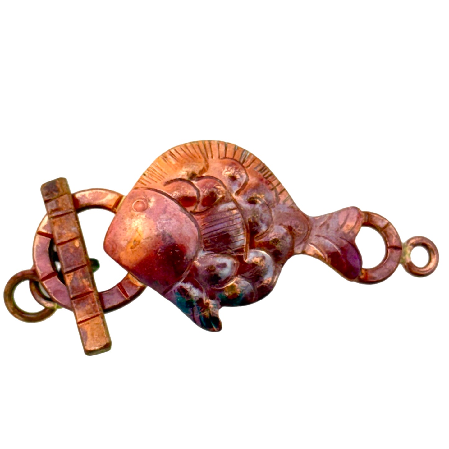 Handmade copper toggle clasp with tropical fish design and flame red finish