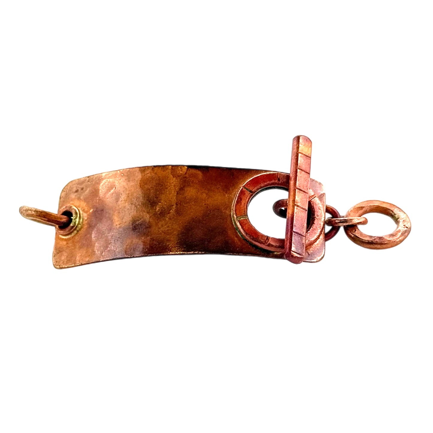 Handmade rectangular copper toggle clasp with chain lead and hammered red patina finish