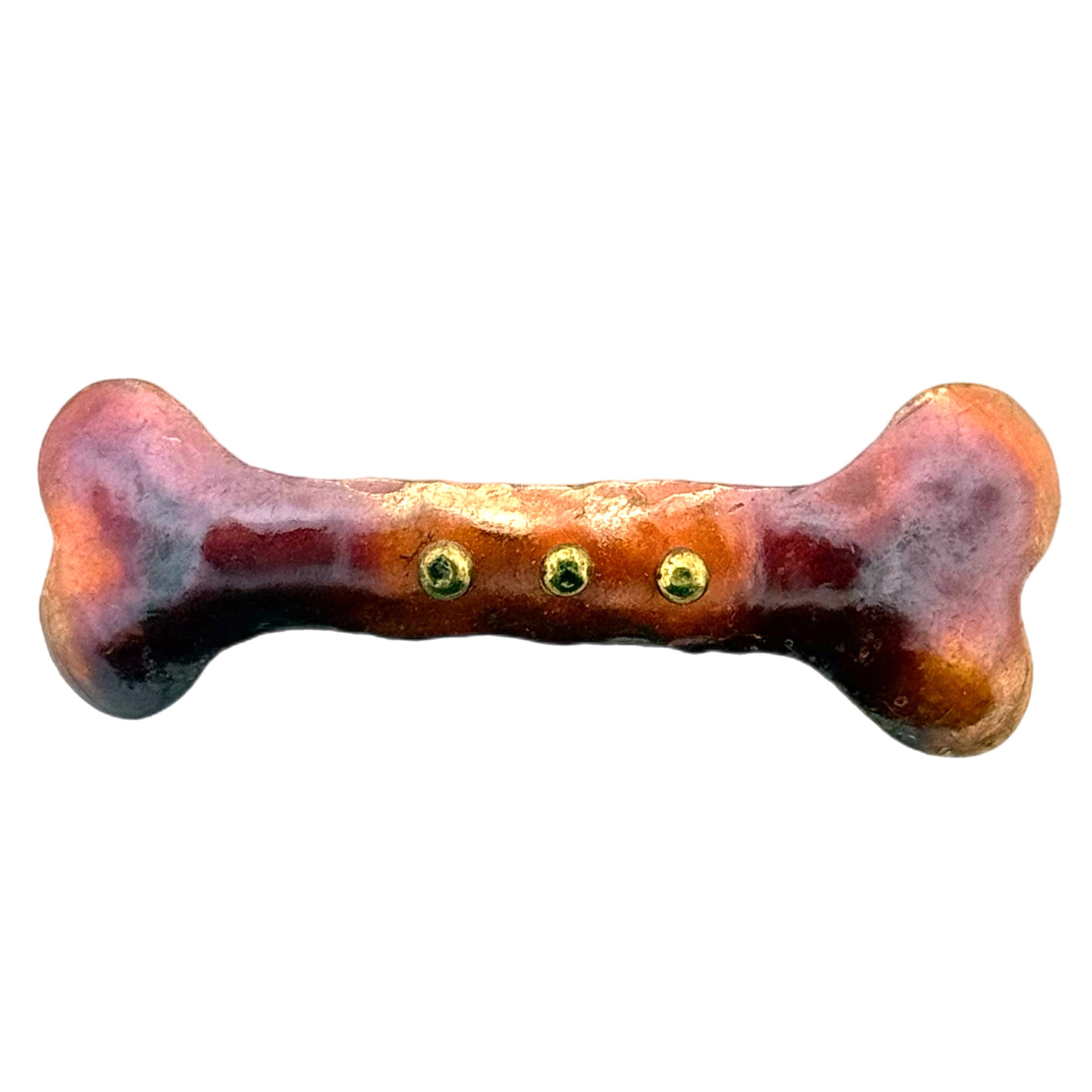 Large copper and brass bone-shaped slider with raised domes and red patina for 10mm flat leather bracelet