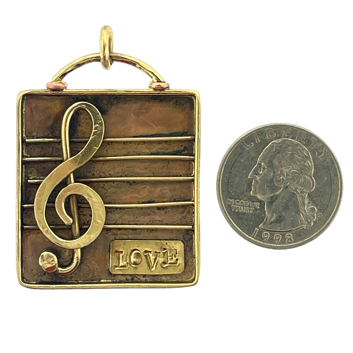 Rustic Copper and Brass Treble Clef Pendant with Love Stamp