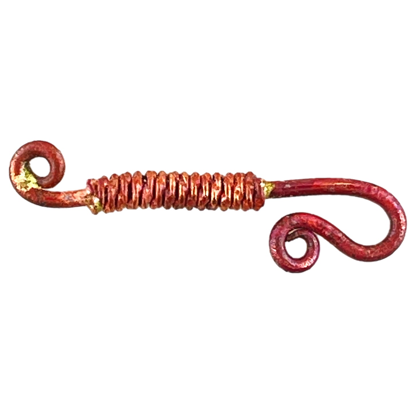 Handmade copper hook clasp with wrapped wire texture and red flame patina