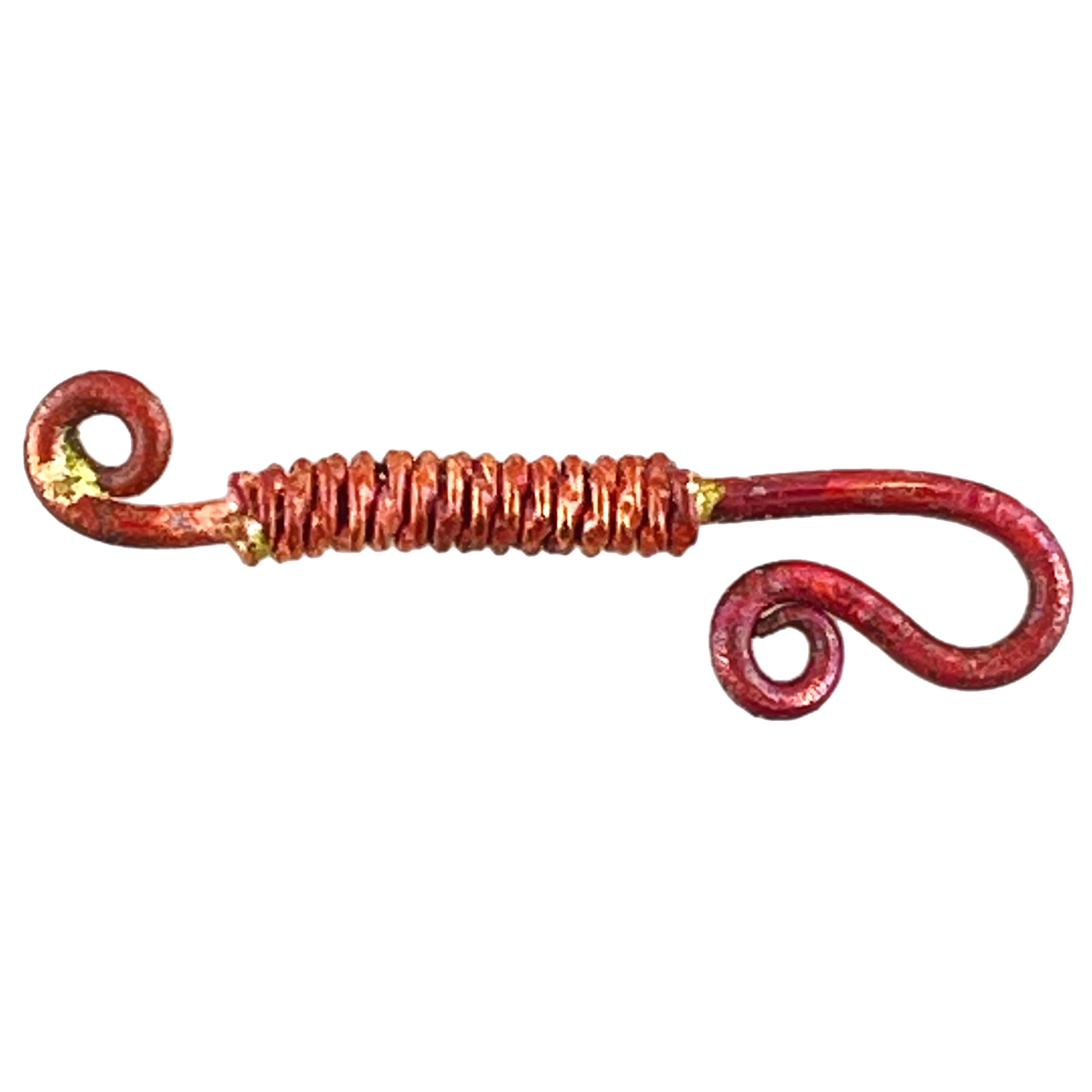 Handmade copper hook clasp with wrapped wire texture and red flame patina