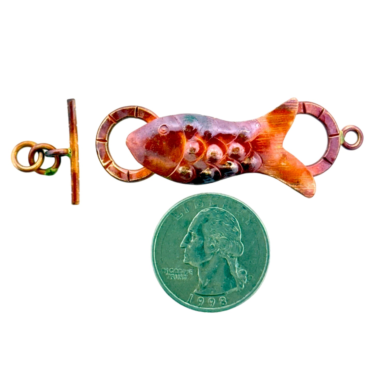 Copper Fish Toggle Clasp with Red Flame Patina