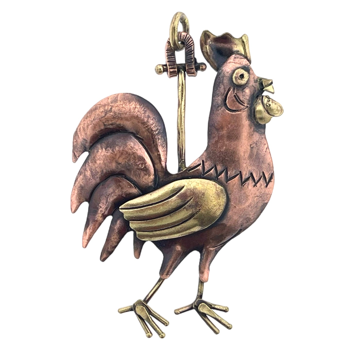 Handcrafted copper rooster pendant with brass accents and flame-torched patina