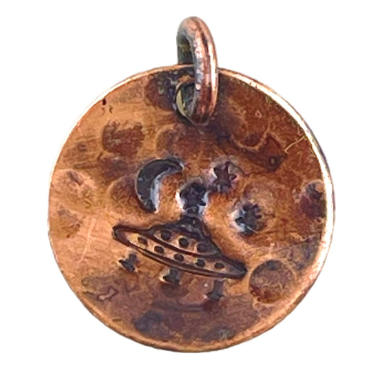 Hand-stamped flying saucer copper charm with crescent moon and stars, antique patina finish
