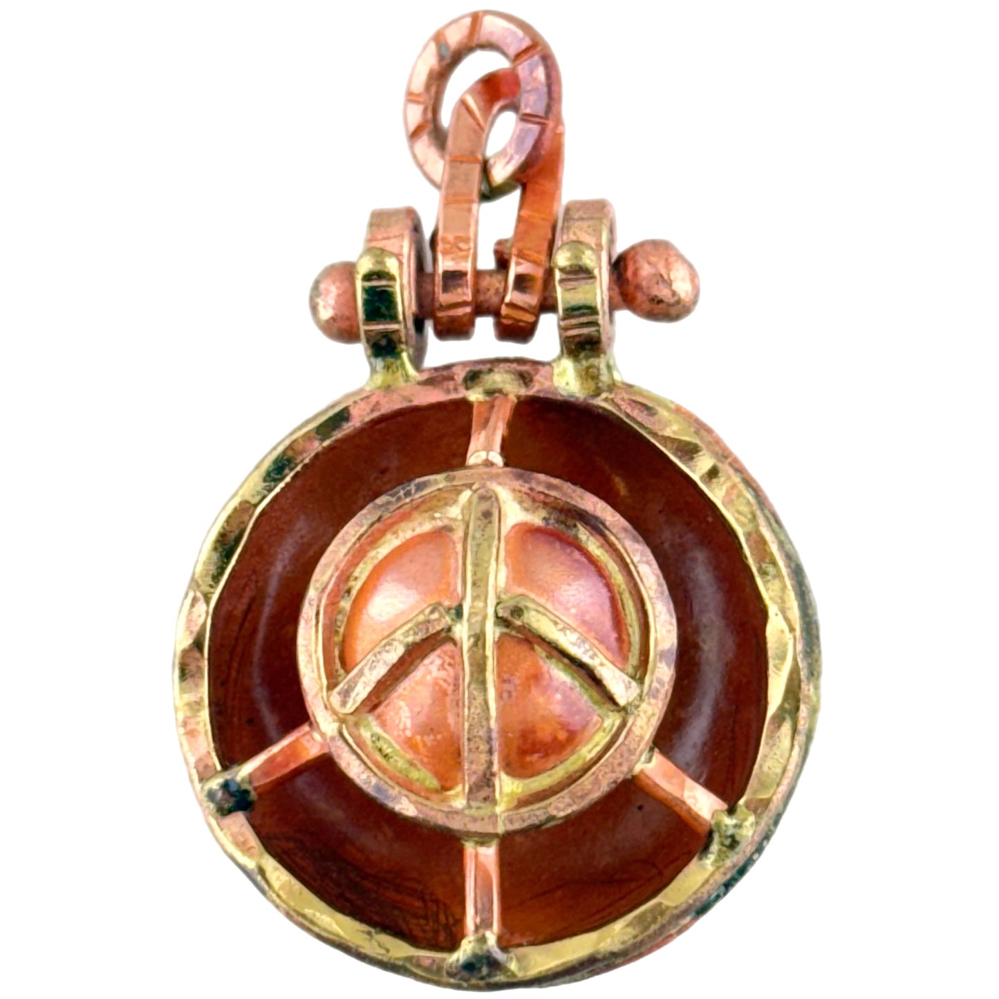 Handmade copper peace sign pendant with brass accents and domed center