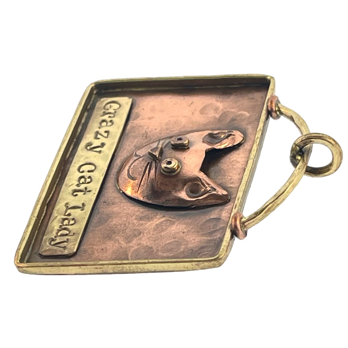 Rustic Copper and Brass Cat Pendant with Antiqued Patina
