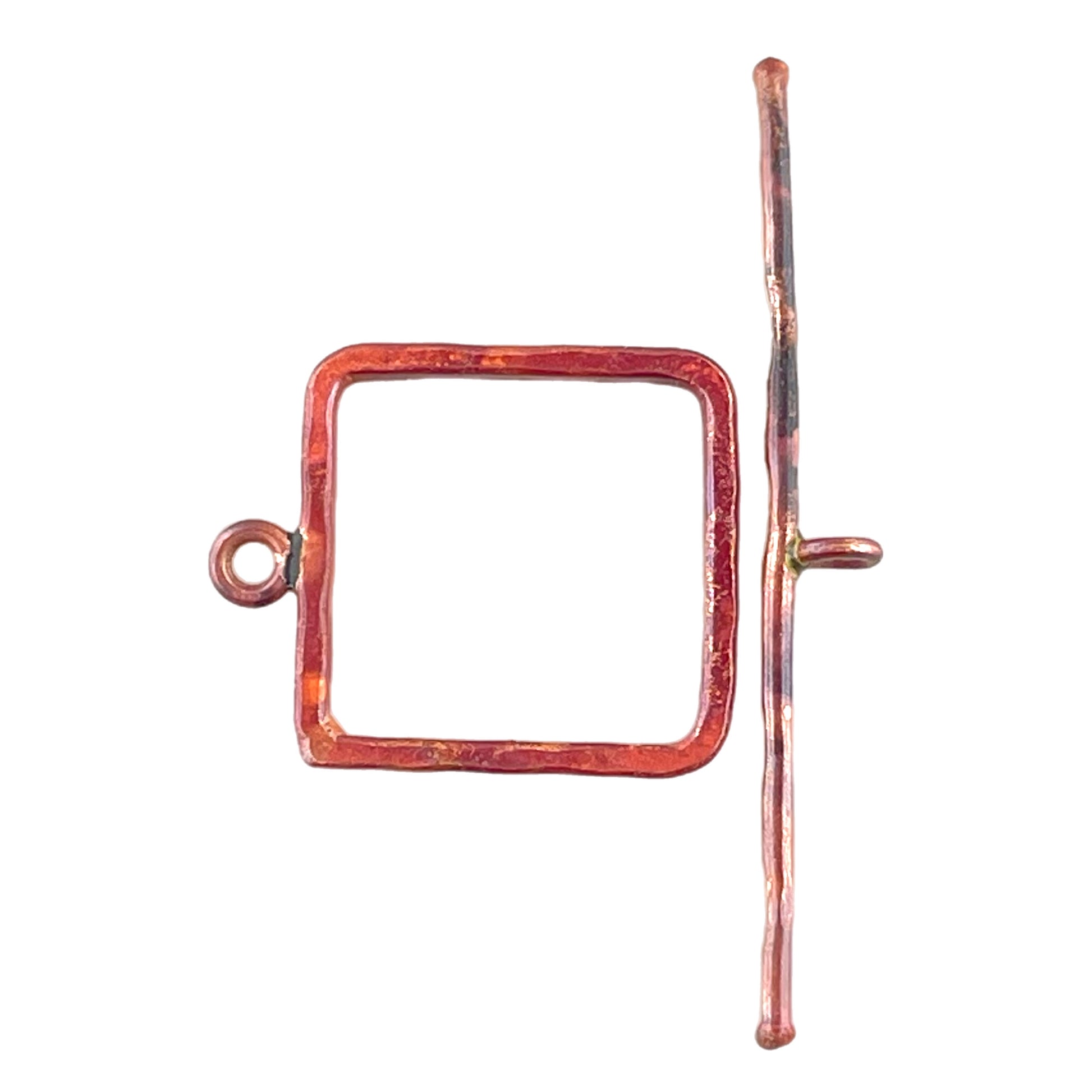 Extra large square copper toggle clasp with hammered finish and long bar in red patina