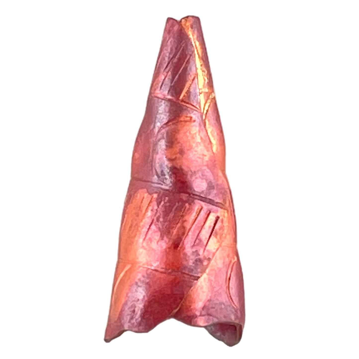 Small folded copper cone end with hand-stamped texture and flame-torched finish, unsoldered fold for