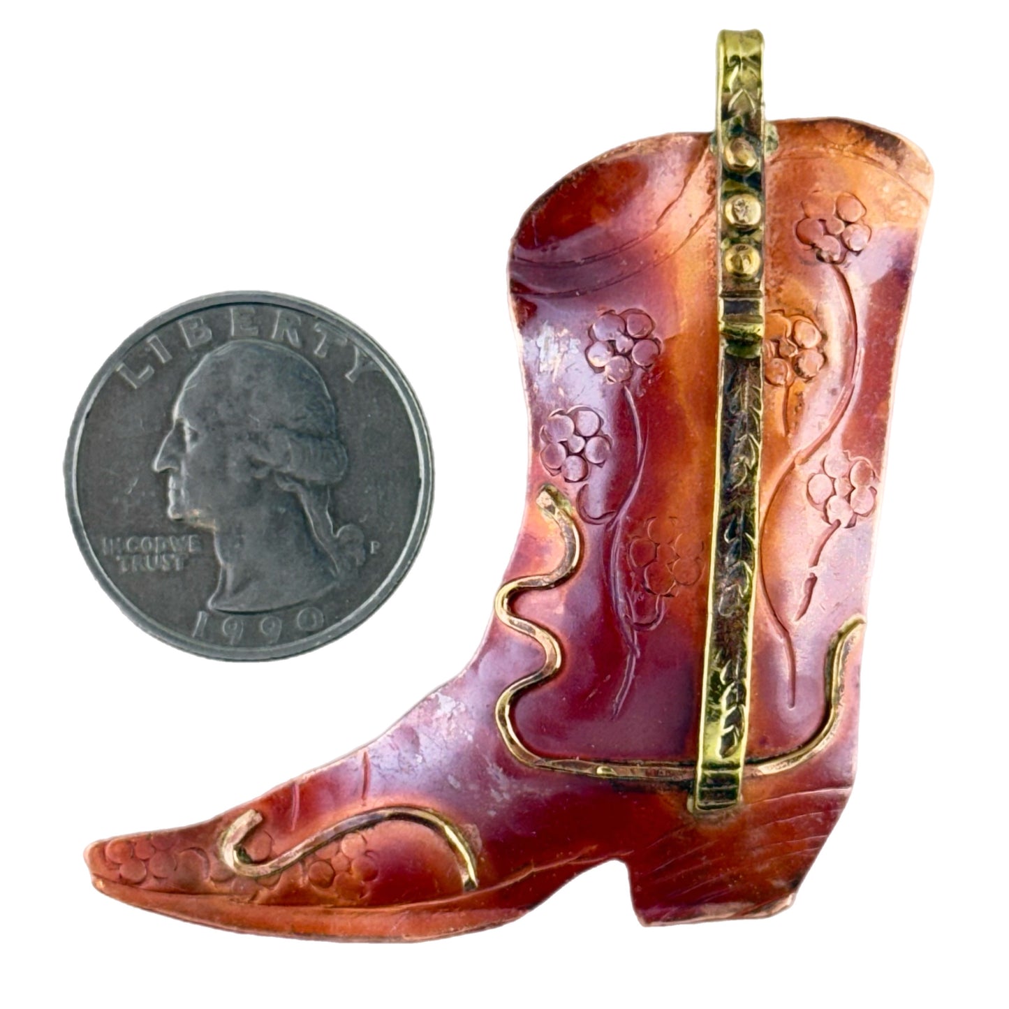 Copper and Brass Western Boot Pendant with Floral Detail