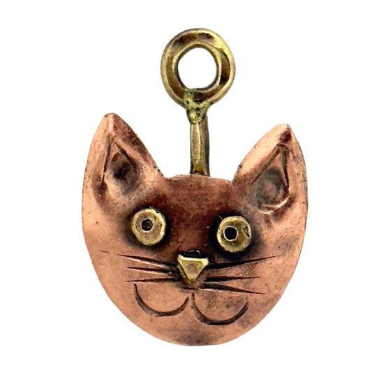 Handmade perky cat copper charm with brass eyes and nose by Patricia Healey Copper