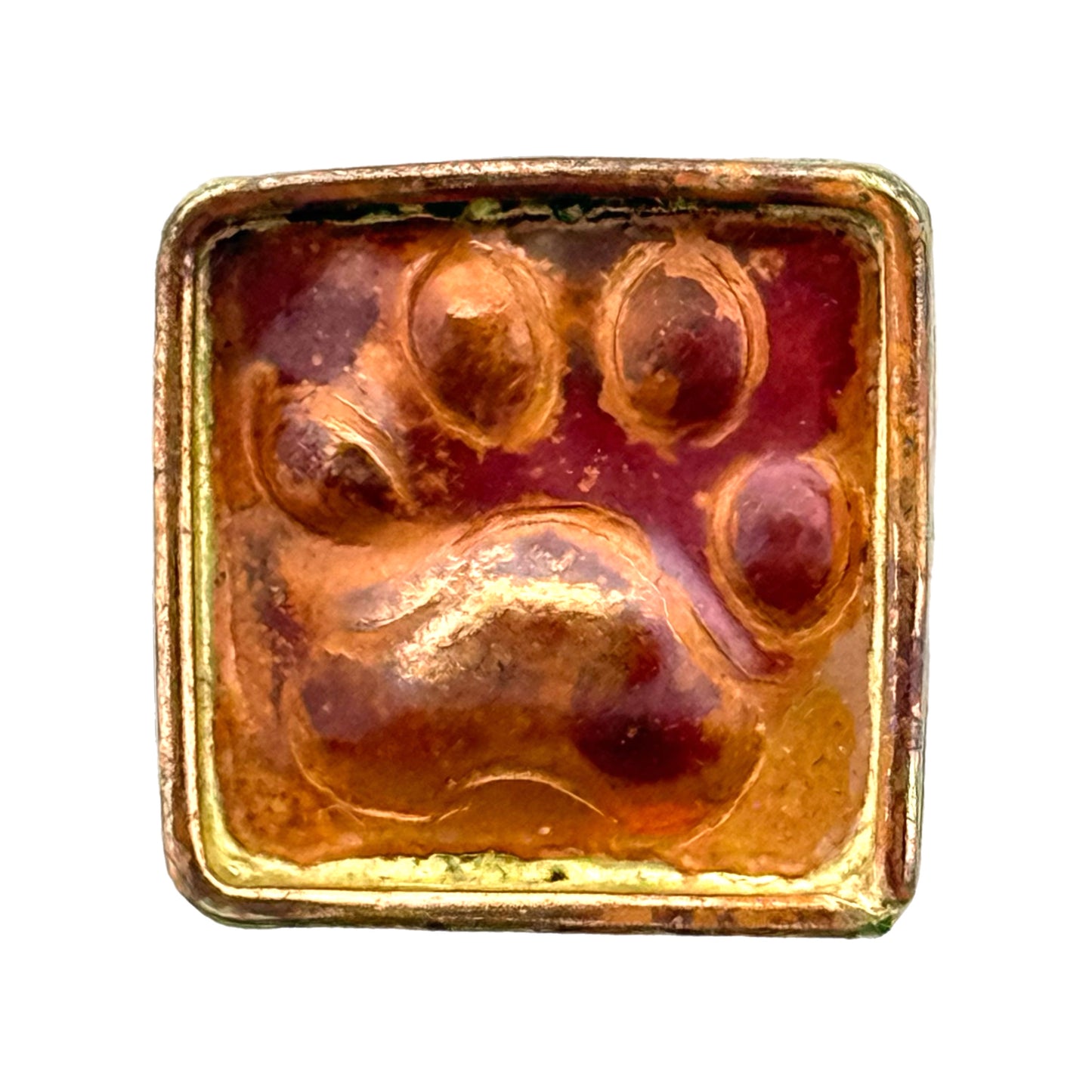 Small square copper paw print slider with rustic red patina for 10mm flat leather bracelet