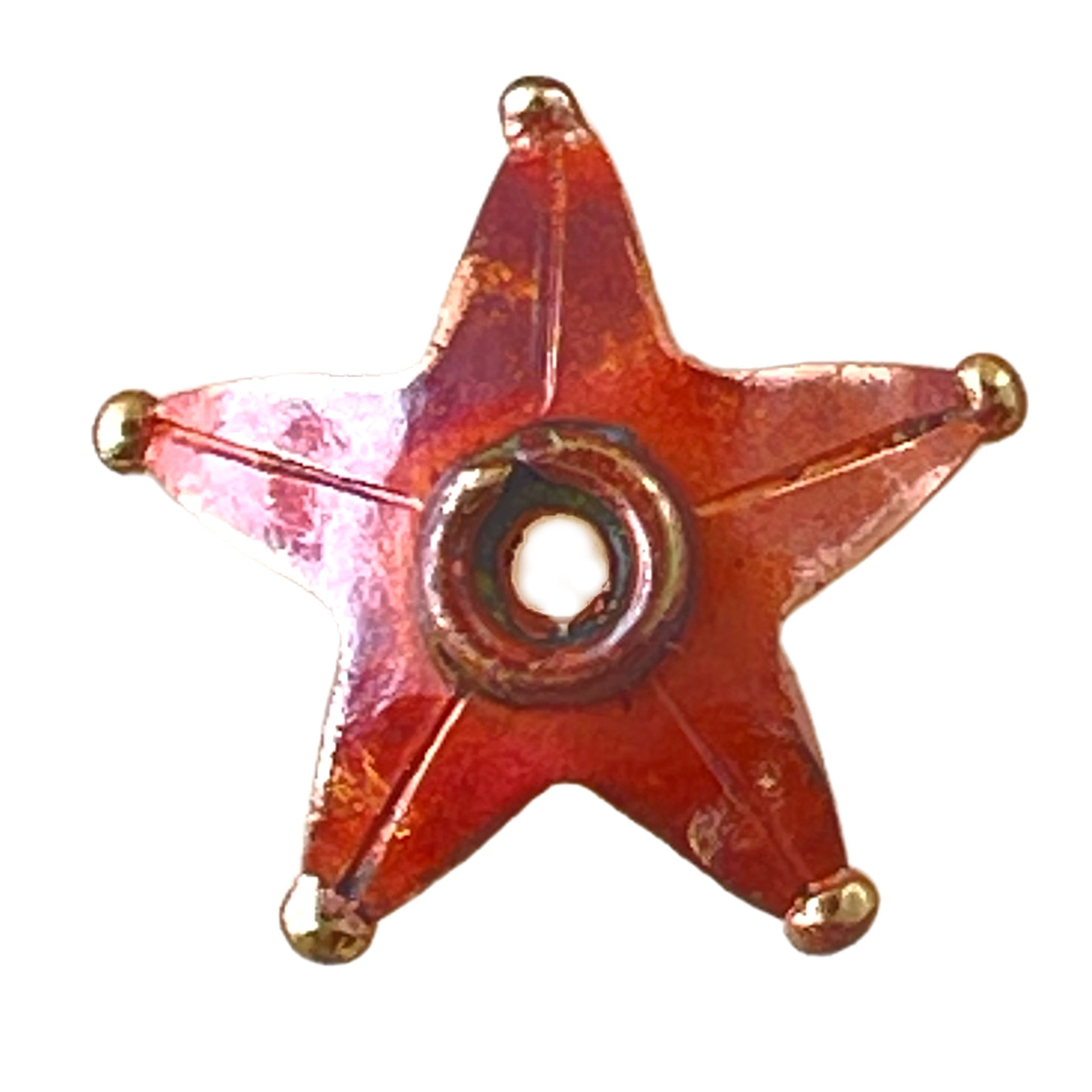 Handmade copper star bead cap with red-orange patina and brass accents, slightly adjustable for various bead sizes by Patricia Healey