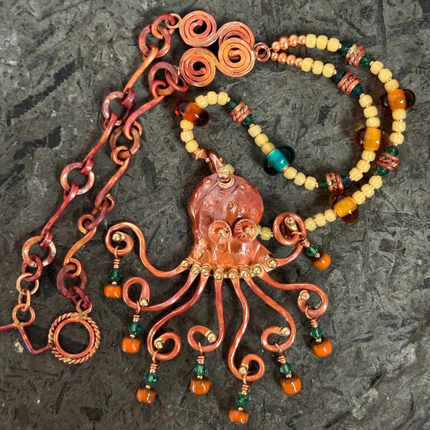 Copper Octopus Necklace with Artisan Glass Beads