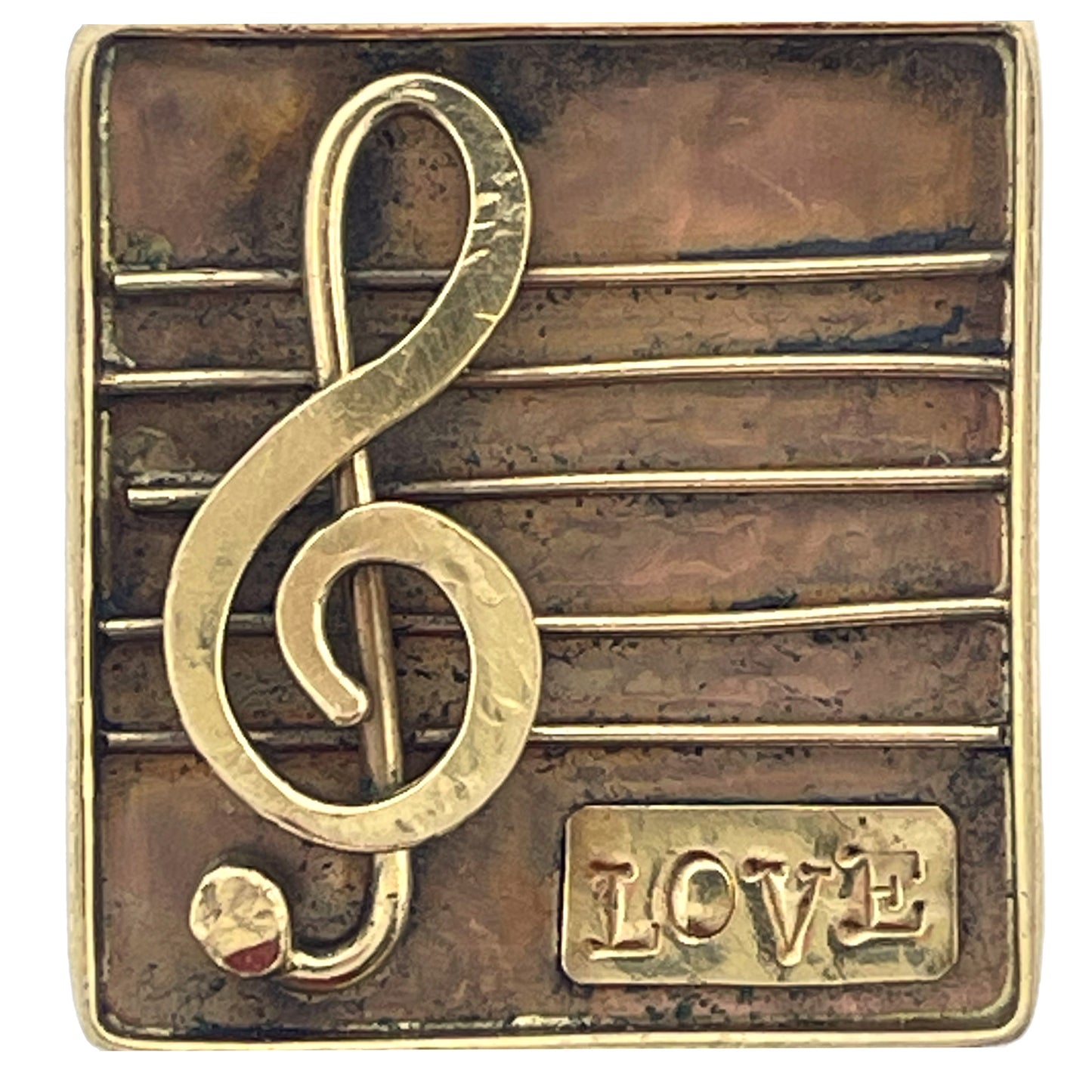 Rustic Copper and Brass Treble Clef Pendant with Love Stamp