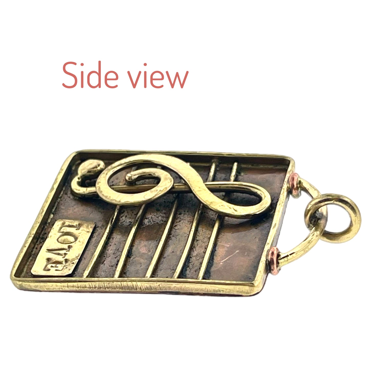 Rustic Copper and Brass Treble Clef Pendant with Love Stamp
