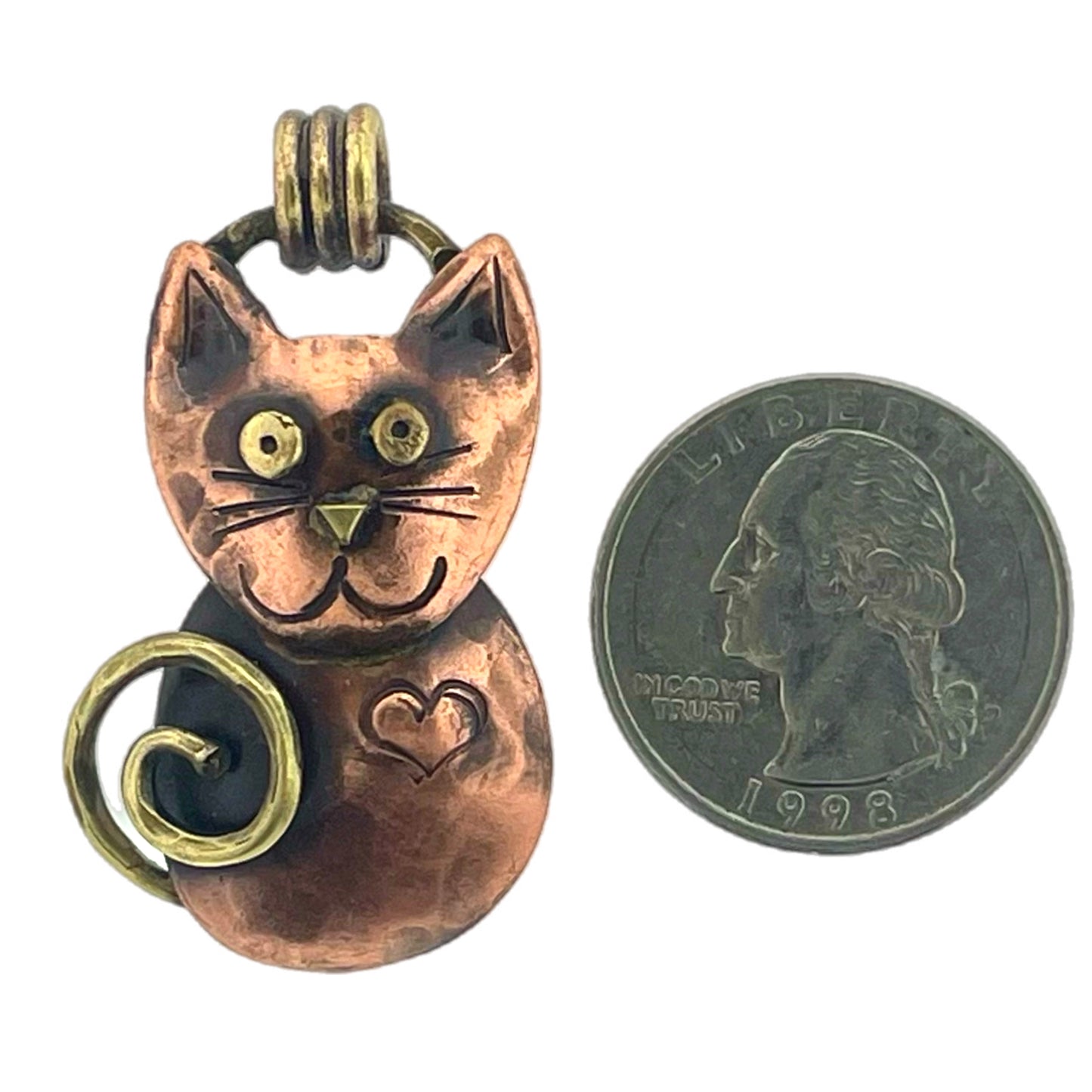 Antiqued Copper Cat with Heart on Chest Pendant