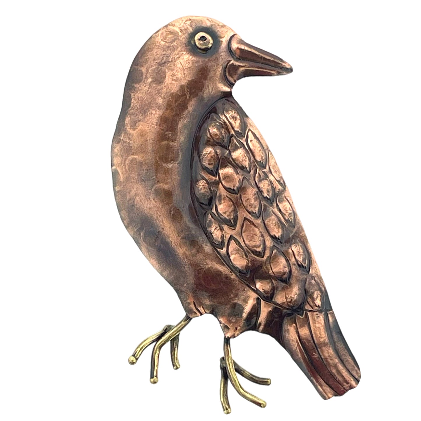 Antiqued copper raven pendant with brass details and hand-stamped texture