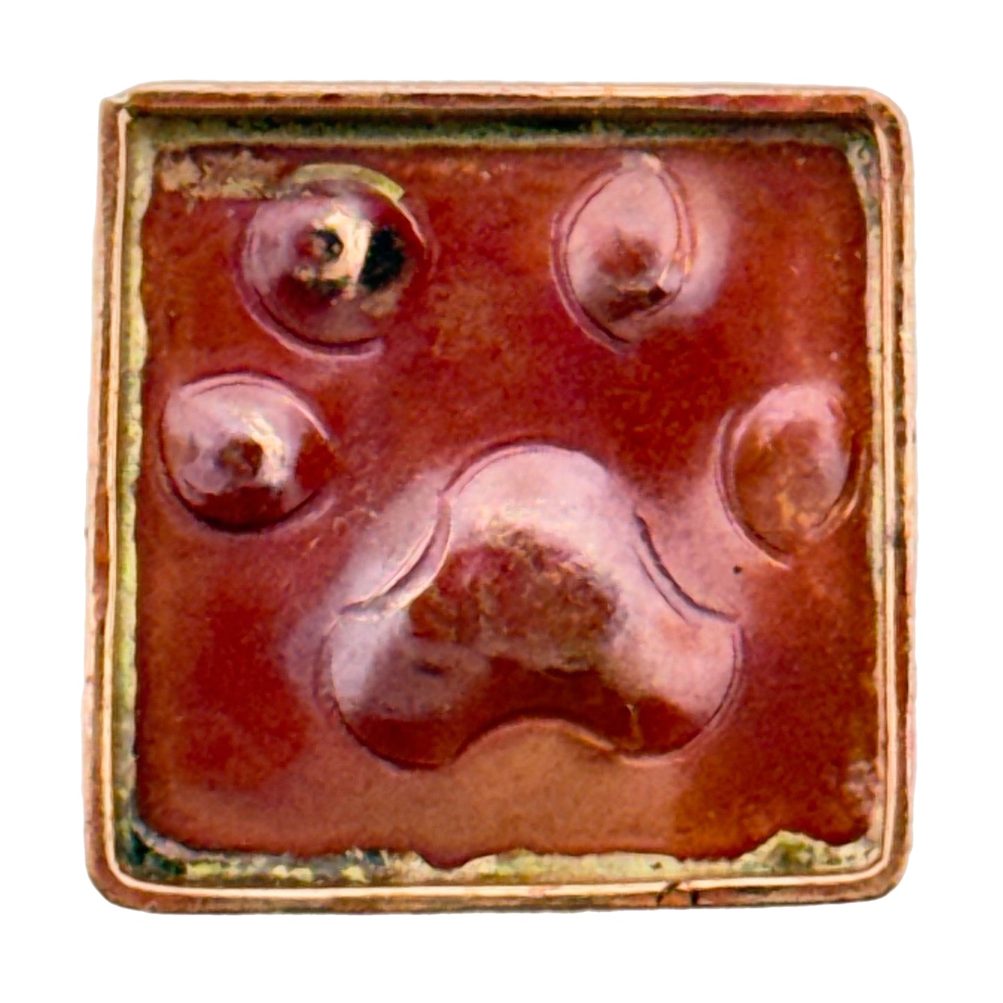 Square copper and brass paw print slider with red patina for 10mm flat leather bracelet