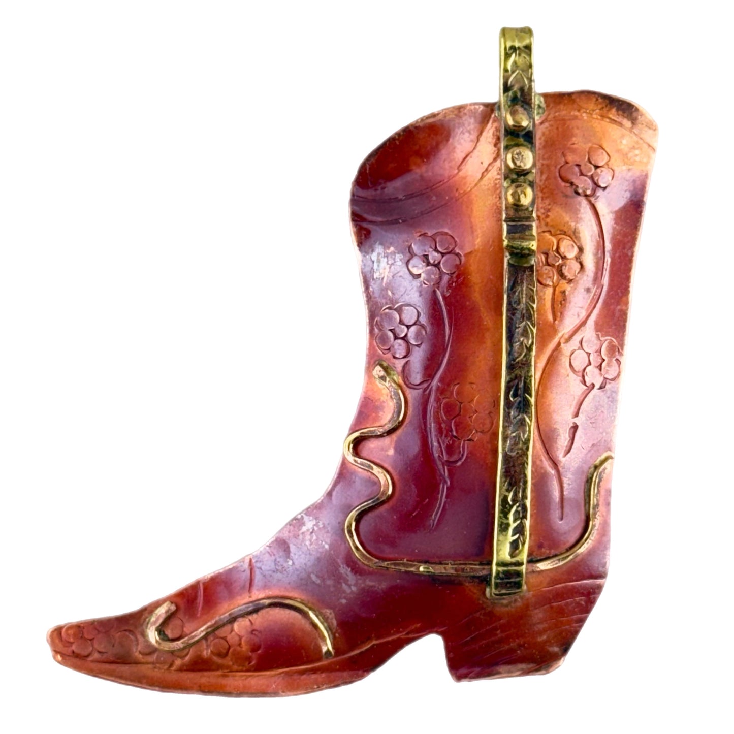 Copper western boot pendant with stamped floral pattern and brass accents. Flame-patinated mixed metal jewelry component with rustic style.