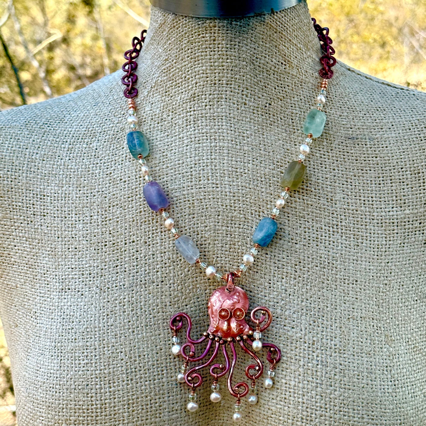 Ocean Octopus Necklace in Fluorite and Pearl