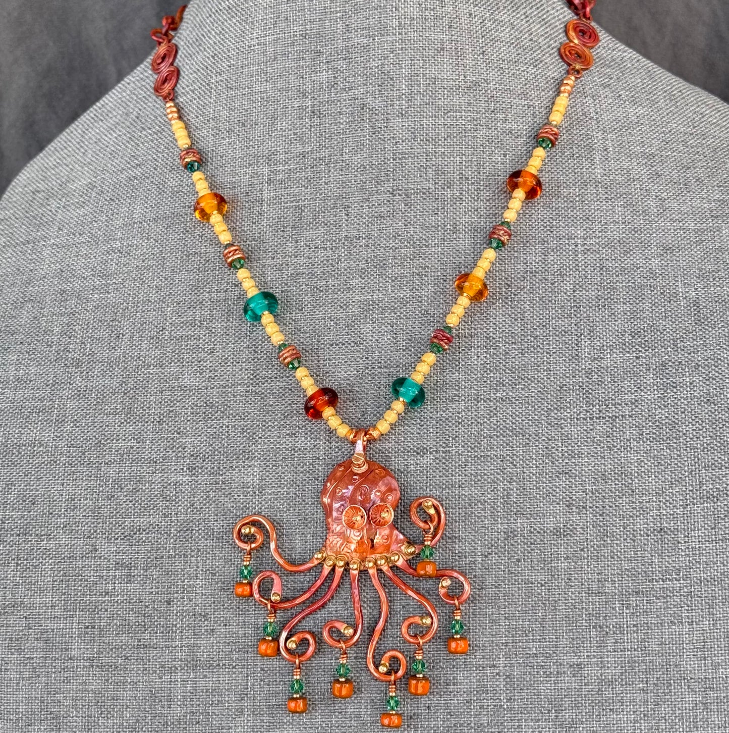 Copper Octopus Necklace with Artisan Glass Beads
