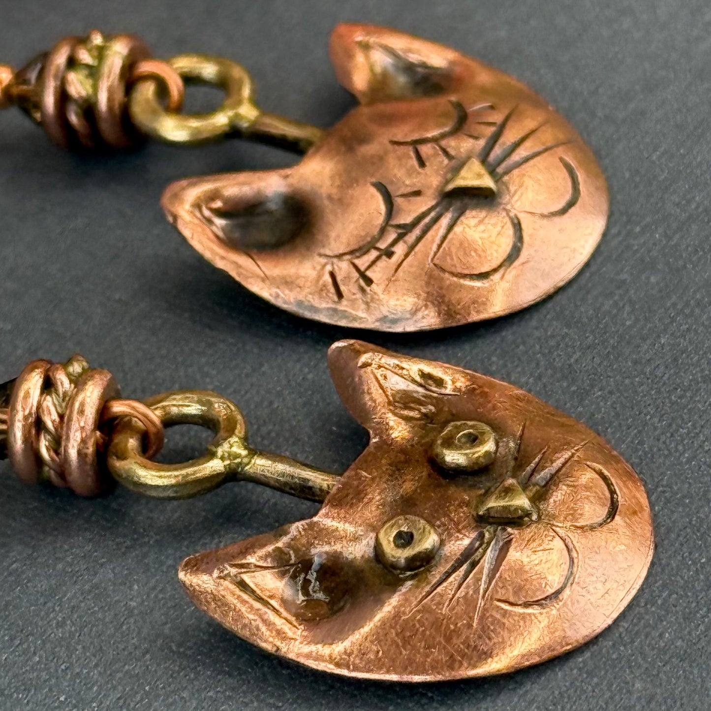 Handcrafted Copper and Brass Cat Earrings with Swarovski Crystals
