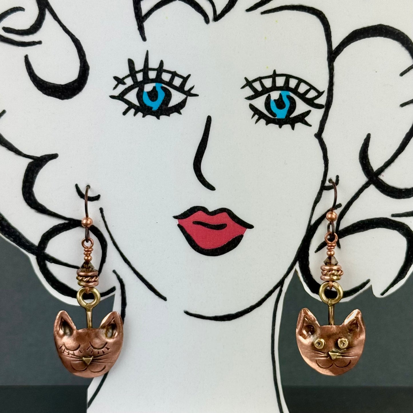 Handcrafted Copper and Brass Cat Earrings with Swarovski Crystals