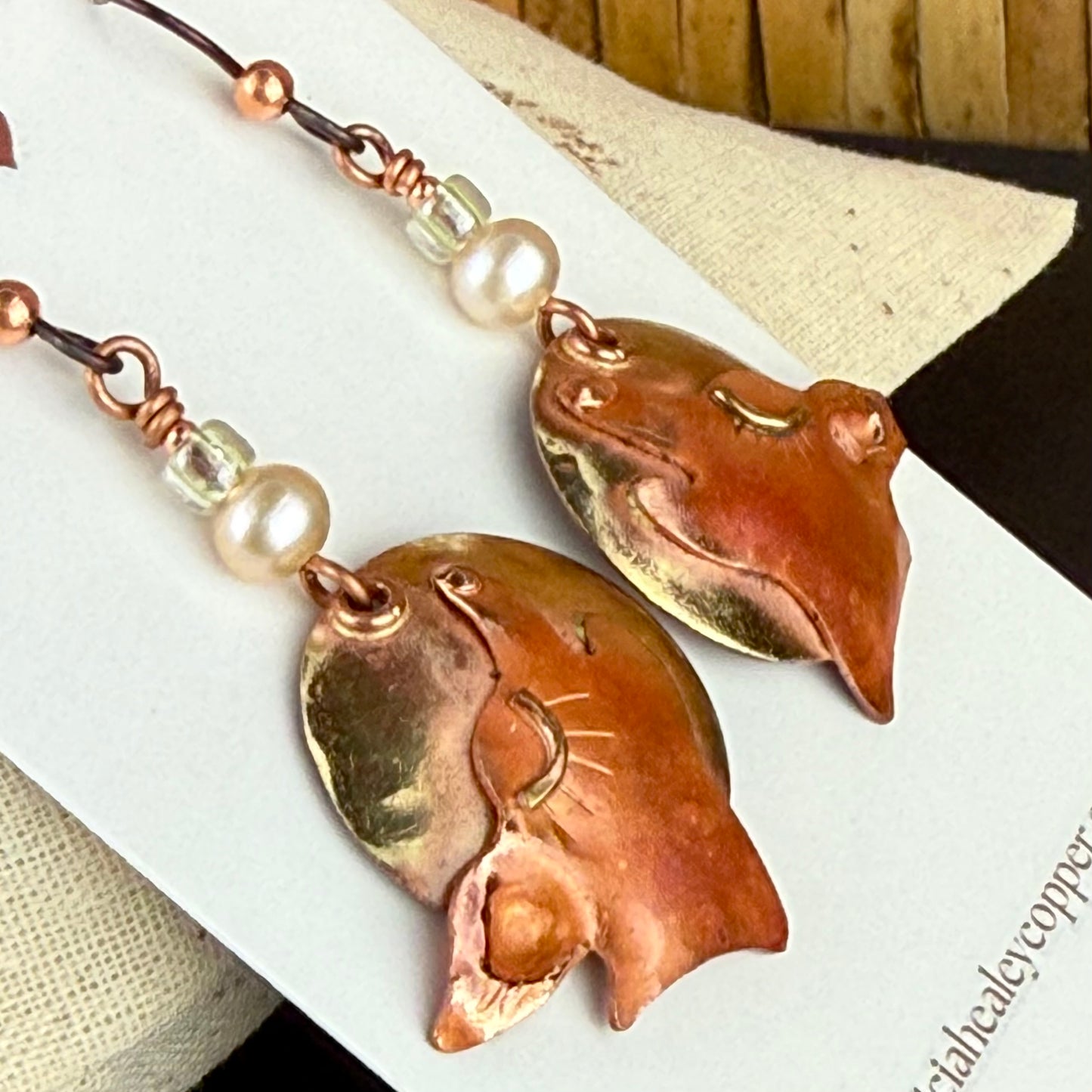 Handcrafted Copper & Brass Coyote Earrings with Cultured Pearls