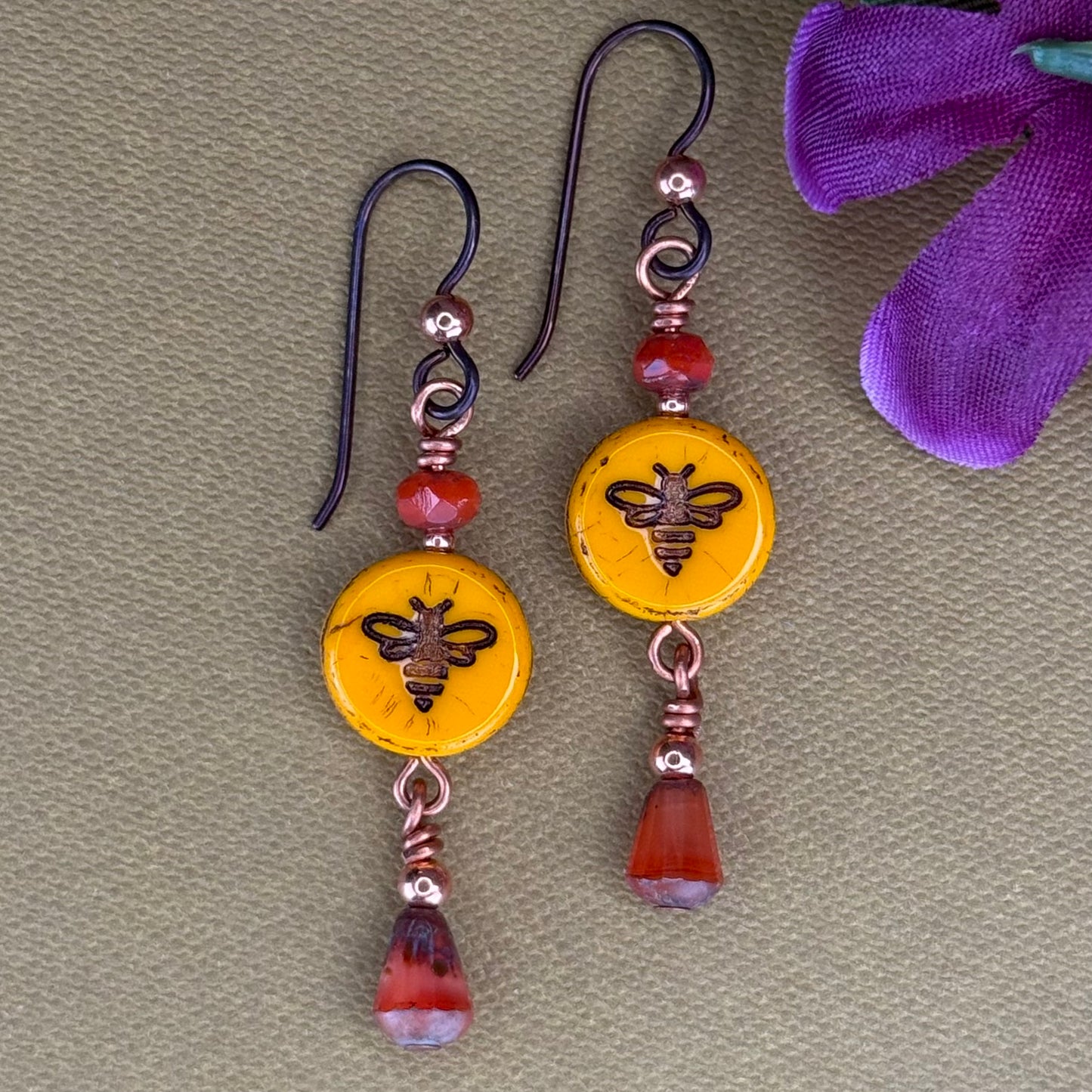Mustard Yellow & Orange Czech Glass Bee Earrings by Patricia Healey