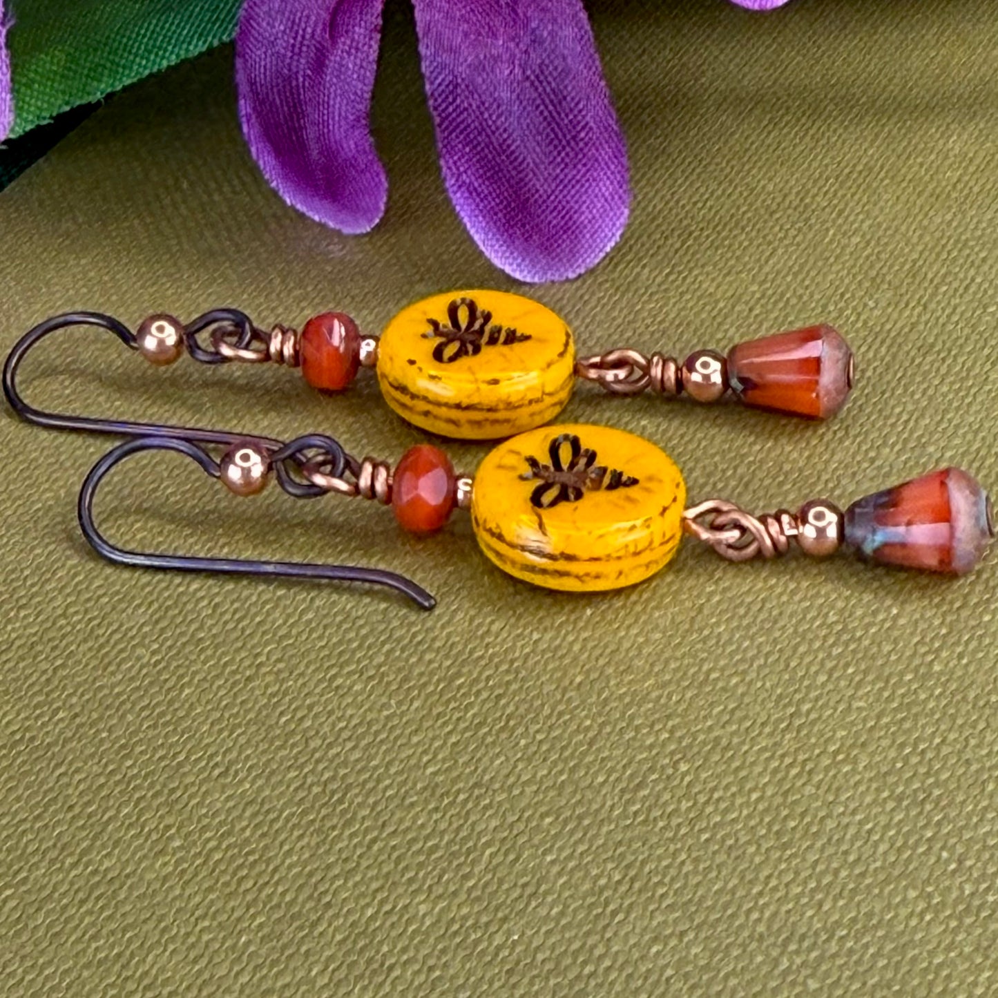 Mustard Yellow & Orange Czech Glass Bee Earrings by Patricia Healey
