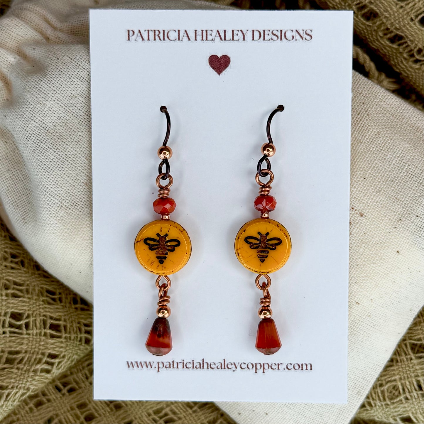 Mustard Yellow & Orange Czech Glass Bee Earrings by Patricia Healey