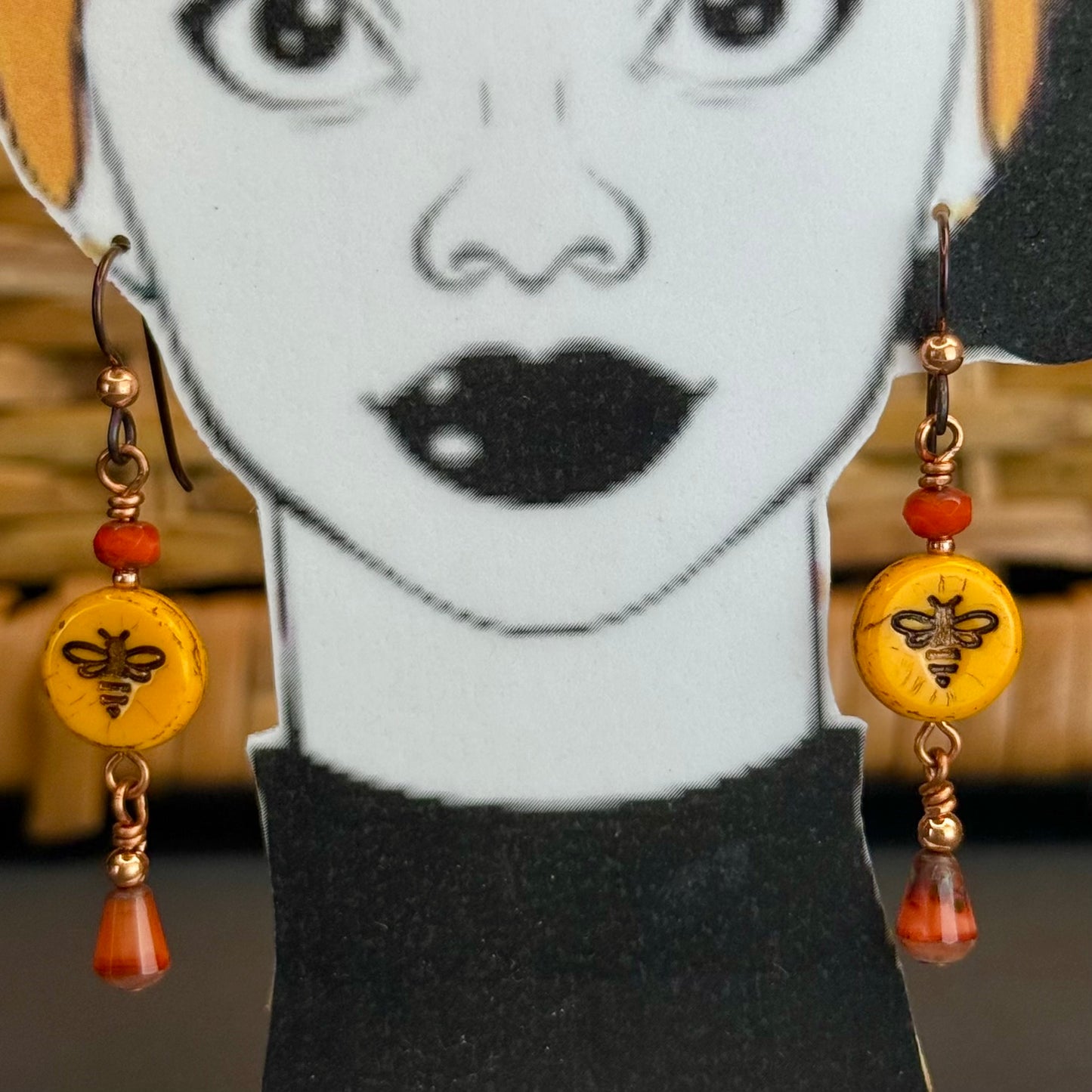 Mustard Yellow & Orange Czech Glass Bee Earrings by Patricia Healey