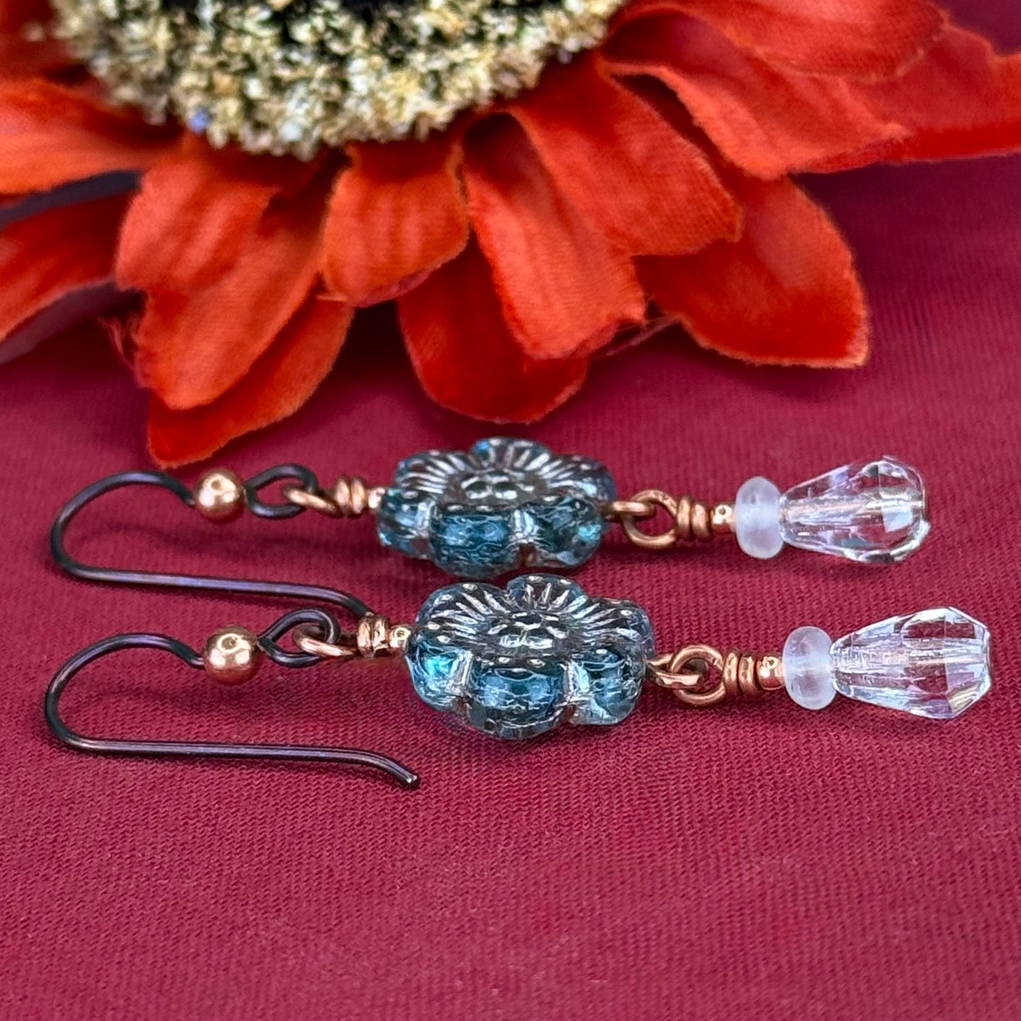 Turquoise Glass Daisy Earrings with Copper Accents