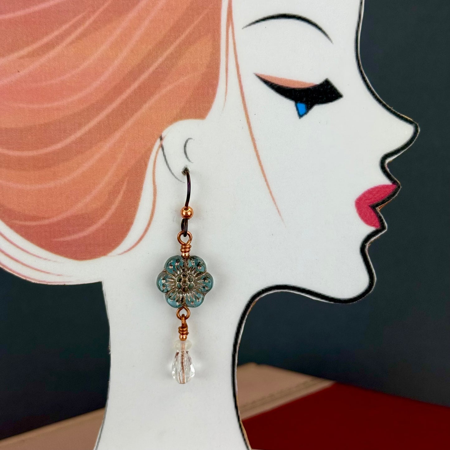 Turquoise Glass Daisy Earrings with Copper Accents