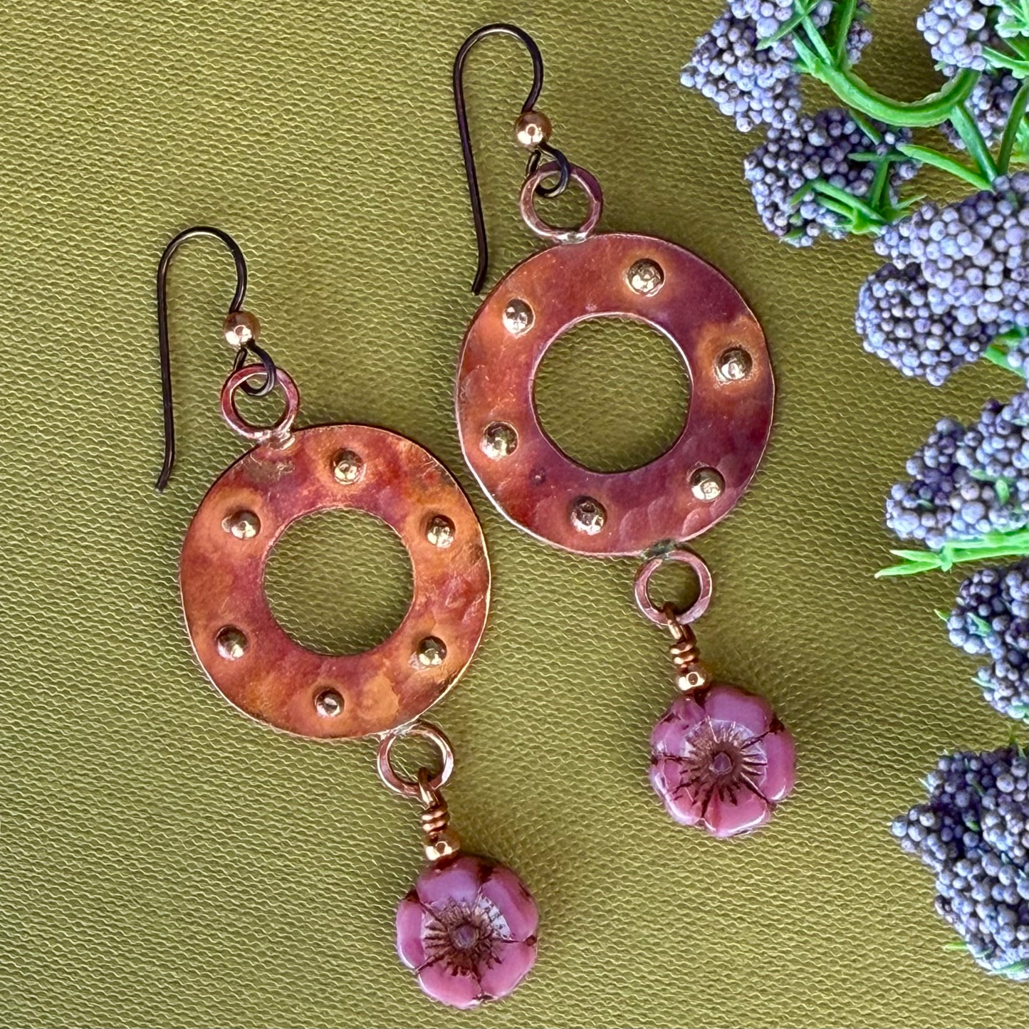 Dusty Rose Czech Glass Flower Dangle Earrings with Copper and Brass