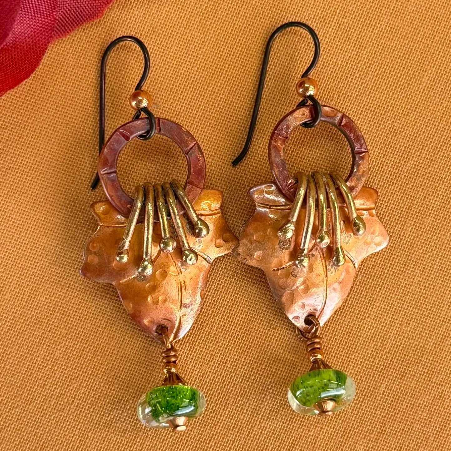 Copper Leaf Earrings with Brass Tendrils and Dichroic Glass Beads
