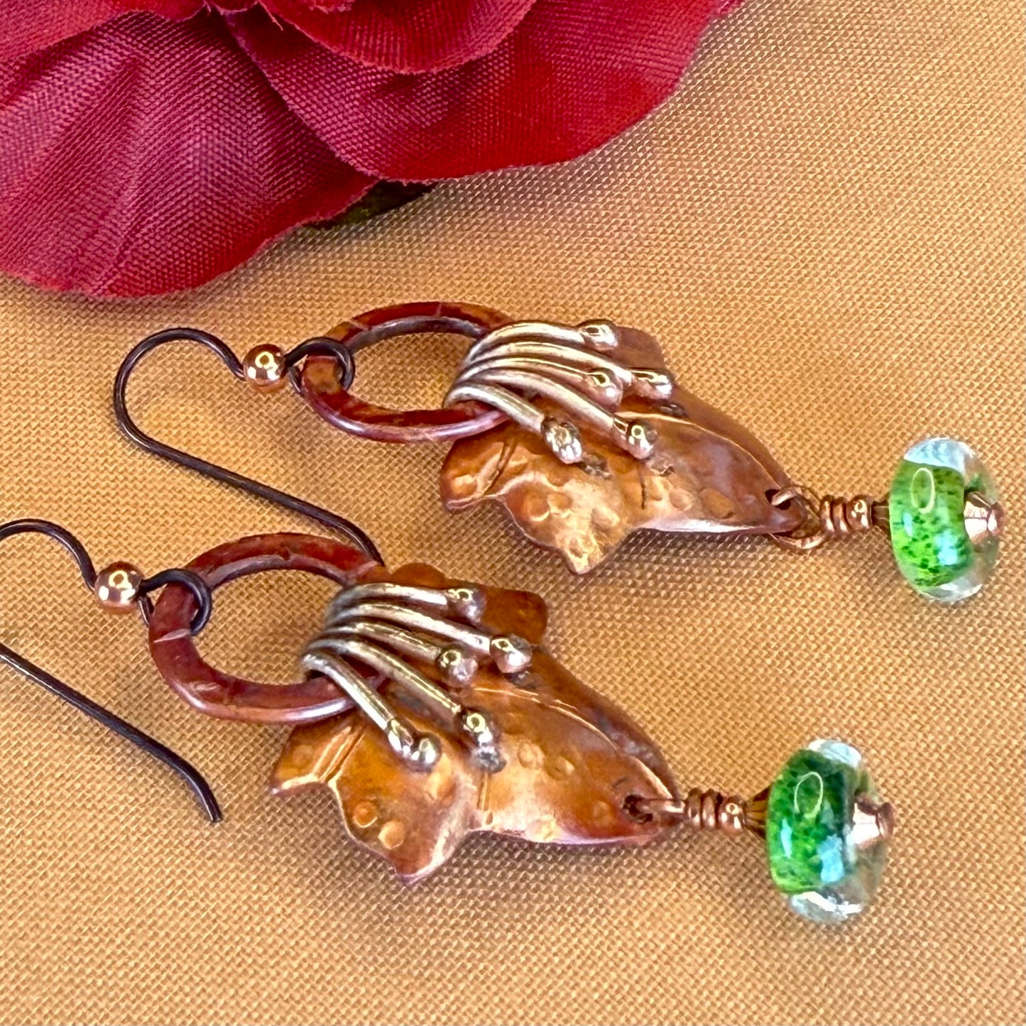 Copper Leaf Earrings with Brass Tendrils and Dichroic Glass Beads