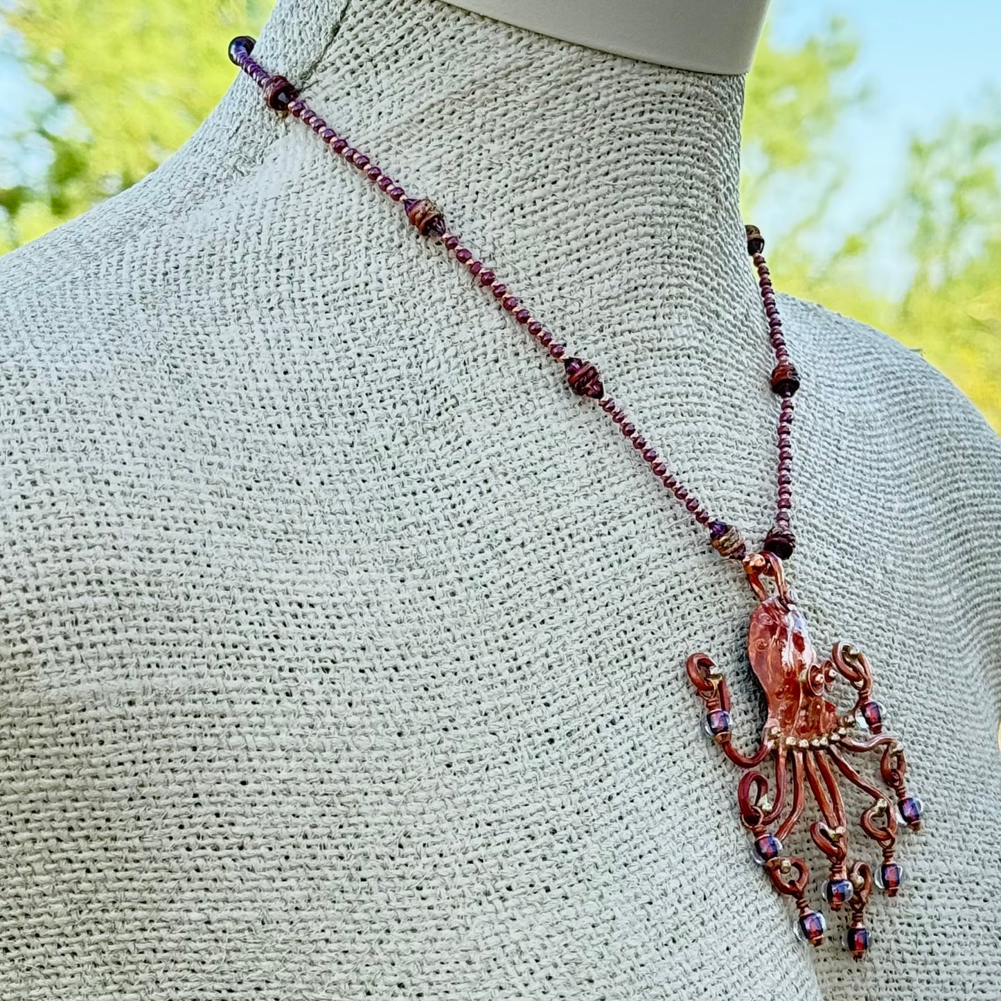 Octopus Necklace in Flame-Finished Copper with Purple Dichroic Beads