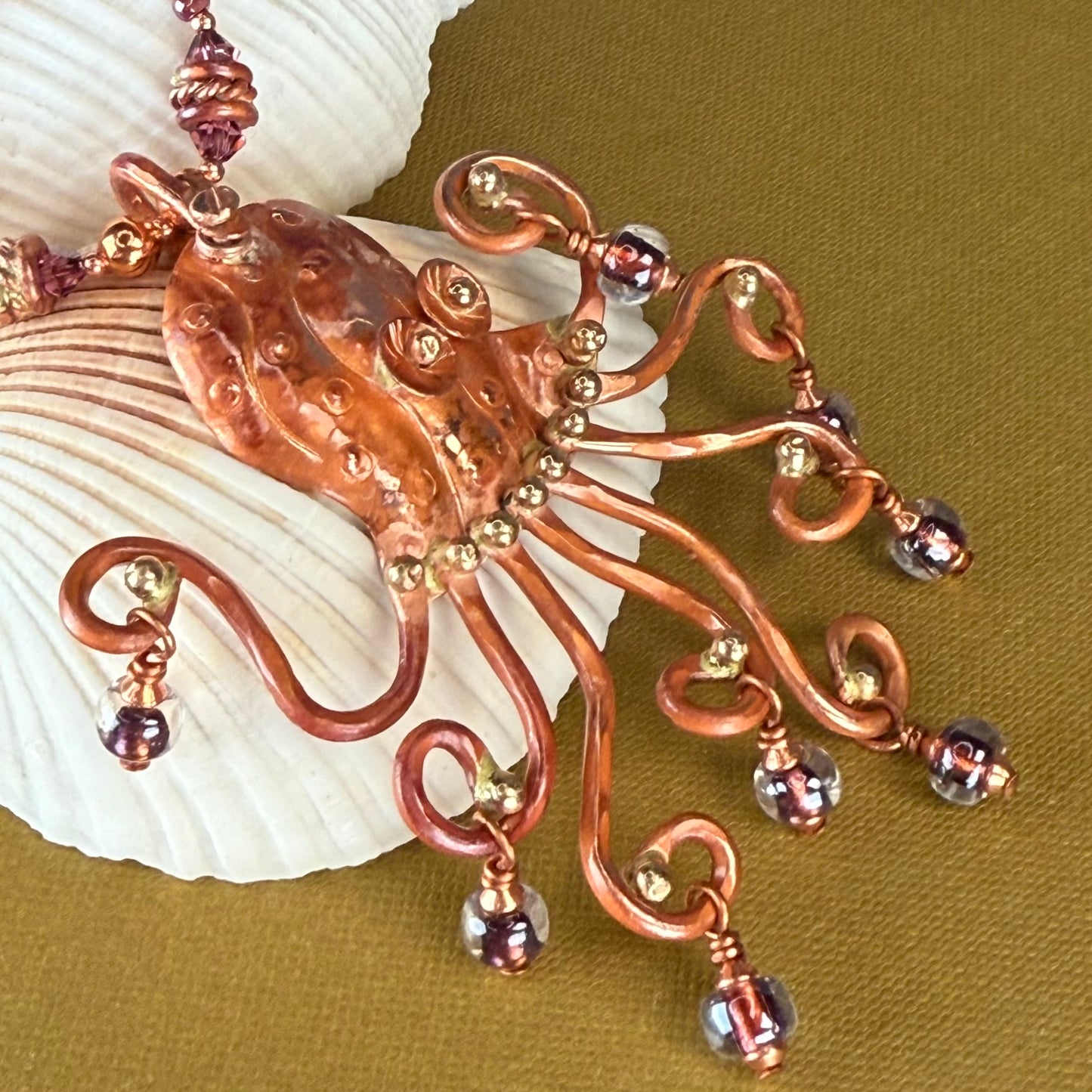 Octopus Necklace in Flame-Finished Copper with Purple Dichroic Beads
